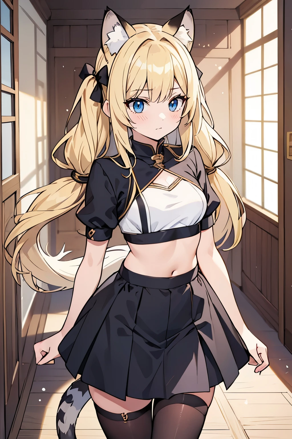 1 girl, female figure, (medium small breasts), (young female body: 1.4), fairy_tail_style, light blue eyes, golden sunny blonde hair, wavy sunny yellow hair, pigtails, hime cut, black snow leopard animal ears, fluffy tail, black animal ears, black and white long tail,, tights, long big lynx tail, black animal tail, black and white cat ears, hallway background, black skirt, crop top, white tail with black spots