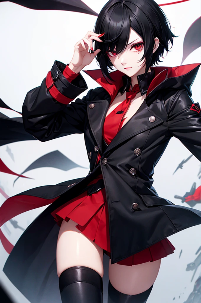 Short black hair、One-eyed、Long bangs、Red Mesh、Dark Eyes、phantom thief joker、Crossdresser、Long eyelashes、cute、cool、No exposure、neutral、Black Coat