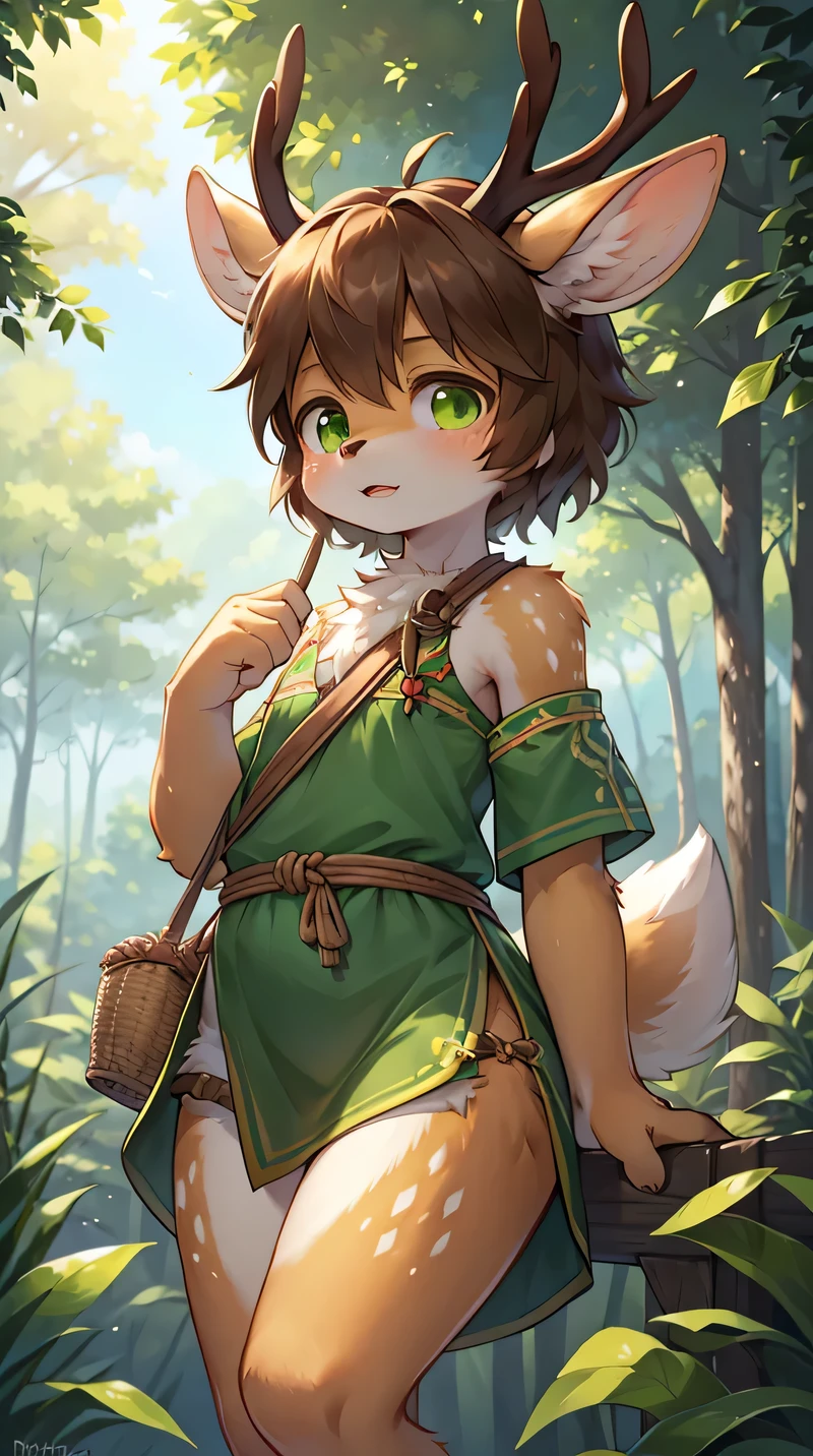 Shota，boy，Deer anthropomorphic，Deer Features，antlers，Short Deer Tail，There is a green pattern on the body，Wearing clothes made of green leaves，There is a vine tied to the thigh，The wooden bow in my hand，The background is in a primitive tribe in the wild。best quality，Dress carefully，Pay attention to the background，No objectionable content，Extremely high quality。