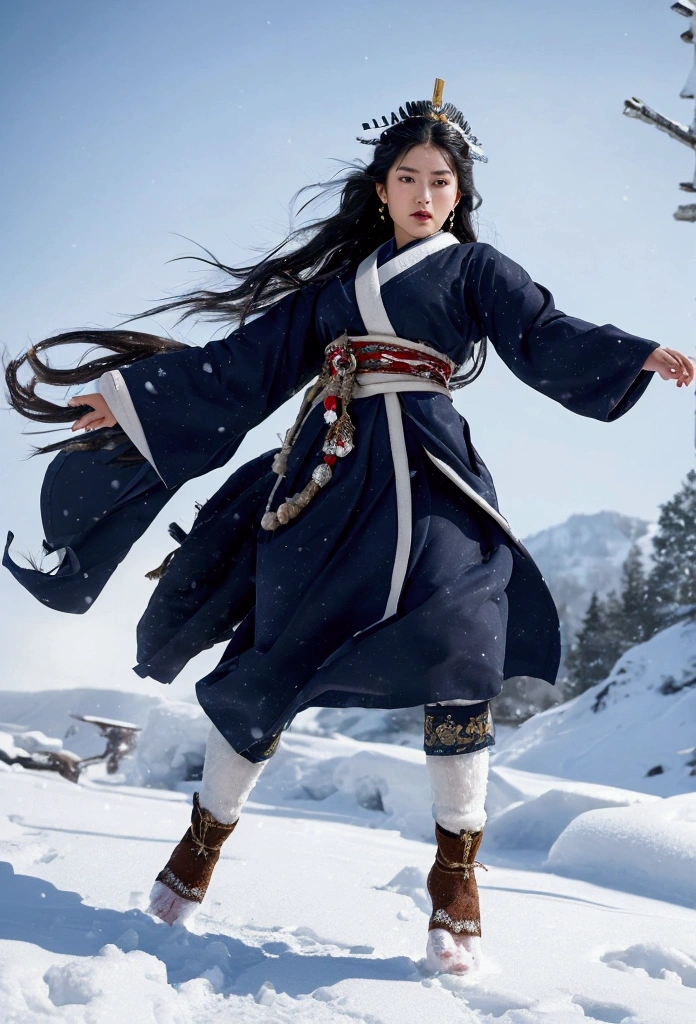 Realistic and cinematic style, a fierce and determined young Ainu queen, long flowing black hair, adorned with beautiful traditional accessories, wearing intricate navy blue and white Ainu clothing, running with power through a snowy landscape, snow sparkling in the sunlight. The queen is captured in a dramatic action shot from the front, her intense expression focused on chasing a majestic Ezo deer in the distance. Her clothing and hair are flowing with her movement, snow kicking up around her feet, creating a dynamic and energetic scene. The snowy environment is detailed, with the light reflecting off the snow, creating a high-contrast, vivid atmosphere. The camera angle captures her powerful stride, emphasizing both her strength and the beauty of the winter setting. The scene conveys a sense of urgency and determination.