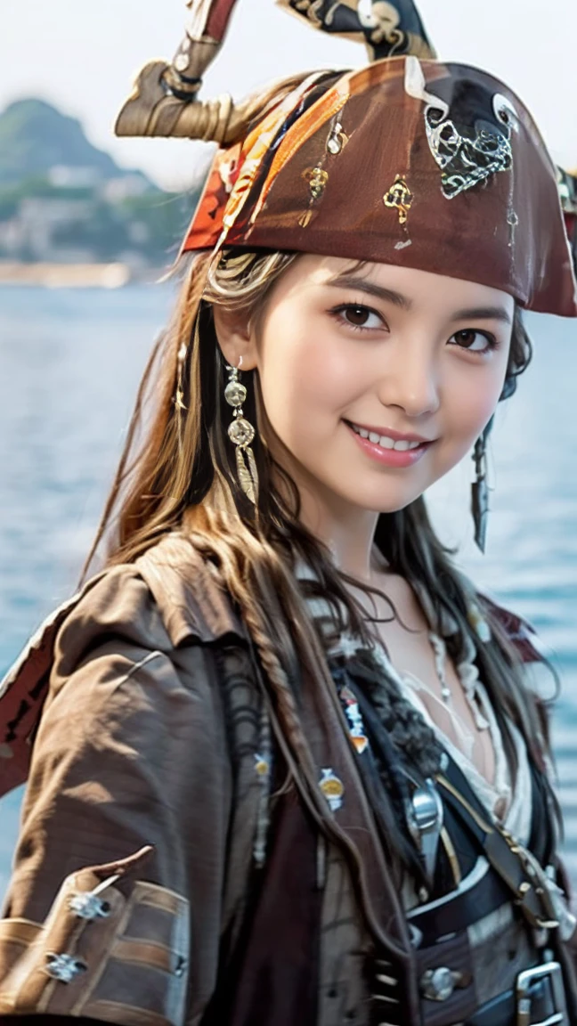 Pirates of the Caribbean:1.6)}, Sexy female pirate, The big fuss, Impressionist painting,((Standing on a hill overlooking the sea)),（masterpiece）、(Highest quality:1.5)、(Photorealistic:1.2)、(Surreal), (High resolution), (Realistic), (Post-processing),(Sharp focus), Sharp focus:1.2,Backlight, (Improvement of quality:1.4), (Narrow waist)、((Perfectly detailed five-fingered hands)),（Anatomically correct body）、((1 female:1.4))、Japanese、Realistic Skin、（Small chest：1.4）、Bust size is A cup、A pretty woman with a slender figure:1.4,(from the front:1.5), (Enhances the beauty of skin texture:1.1),No makeup、美しいBlack Hair、smile、Natural color lip、(Small Mouth:1.4)、The mouth is not open、Thick lips、(Oval Face)、Even bangs、Hide eyebrows with bangs、((33-year-old woman))、Bob Hair、Hair blowing in the wind, (Black Hair, Iris, Watery eyes, Shining Eyes, Bob cut hair,), Hair behind the ear、No makeup、(Drooping eyes)、(((One lovely woman)),((優しい大きなsmile)),(( Small breasts,Small breastsの谷間)),((((Plump Cheeks)))),very cute,(Baby Face),Raccoon face,erotic、(((whole body：1.5))), Put your face close to LoRA, Pirates of the Caribbean:1.6)}, Sexy female pirate,  The big fuss,  Impressionist painting, 