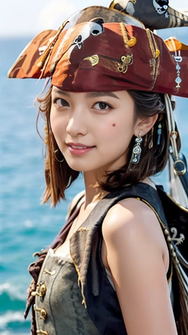 Pirates of the Caribbean:1.6)}, Sexy female pirate, The big fuss, Impressionist painting,((Standing on a hill overlooking the sea)),（masterpiece）、(Highest quality:1.5)、(Photorealistic:1.2)、(Surreal), (High resolution), (Realistic), (Post-processing),(Sharp focus), Sharp focus:1.2,Backlight, (Improvement of quality:1.4), (Narrow waist)、((Perfectly detailed five-fingered hands)),（Anatomically correct body）、((1 female:1.4))、Japanese、Realistic Skin、（Small chest：1.4）、Bust size is A cup、A pretty woman with a slender figure:1.4,(from the front:1.5), (Enhances the beauty of skin texture:1.1),No makeup、美しいBlack Hair、smile、Natural color lip、(Small Mouth:1.4)、The mouth is not open、Thick lips、(Oval Face)、Even bangs、Hide eyebrows with bangs、((33-year-old woman))、Bob Hair、Hair blowing in the wind, (Black Hair, Iris, Watery eyes, Shining Eyes, Bob cut hair,), Hair behind the ear、No makeup、(Drooping eyes)、(((One lovely woman)),((優しい大きなsmile)),(( Small breasts,Small breastsの谷間)),((((Plump Cheeks)))),very cute,(Baby Face),Raccoon face,erotic、(((whole body：1.5))), Put your face close to LoRA, Pirates of the Caribbean:1.6)}, Sexy female pirate,  The big fuss,  Impressionist painting, 