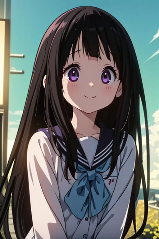(Highest quality、masterpiece)、One Girl、alone、anime、animeScreencap、Ray Tracing、Global Illumination、ultra hi resolution picture、Bright colors、Cinematic Light、Lens flare、Light on the face、Glowing Eyes、Depth of written boundary、Detailed Background、cute、Straight、smile、View your viewers、Outdoor、Clear skies、whole body、Chitanda Eru