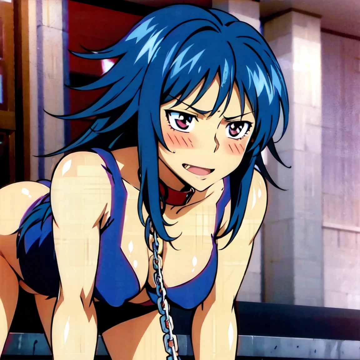 voluptuous, blue hair, red eyestank top, sleeveless, very short jeans, (((messy hair))), (((hands on the ground, on all fours))), (((chain leash, viewer holding chain leash, animal collar, animal collar connected chain leash))), full face blush, smile, very long hair, large breasts, cleavage, back hair, sexual ecstasy smile, (((Lal Mirch))), 1girl, solo, tongue out, stick out tongue, long tongue, open mouth,