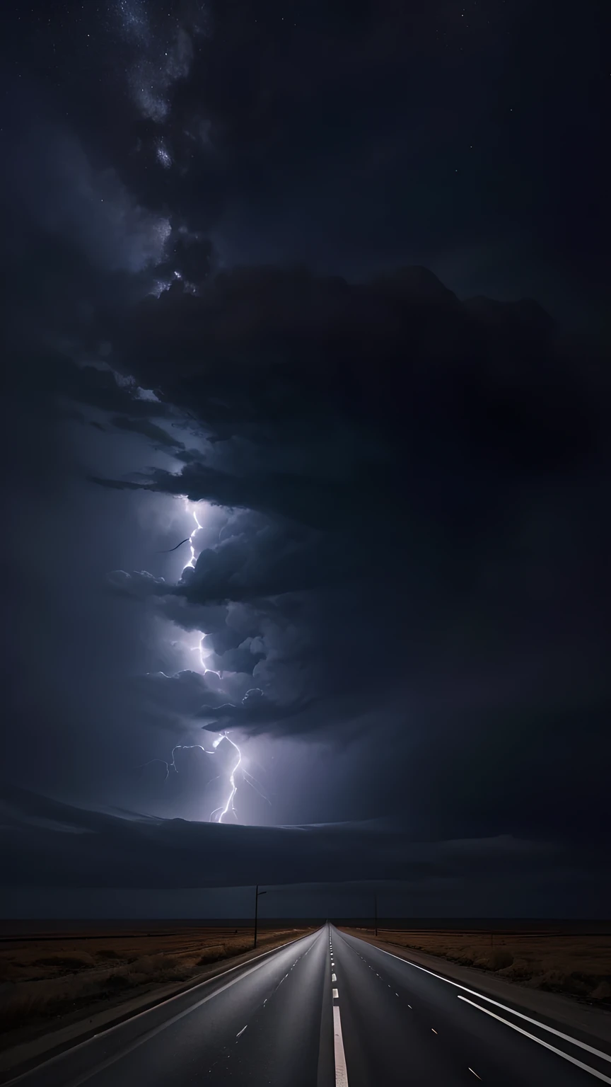 A plain，Huge tornado，A road in the middle，heavily clouded，lightning，hurricane，Excellent viewing angle，Shock，Close Range。