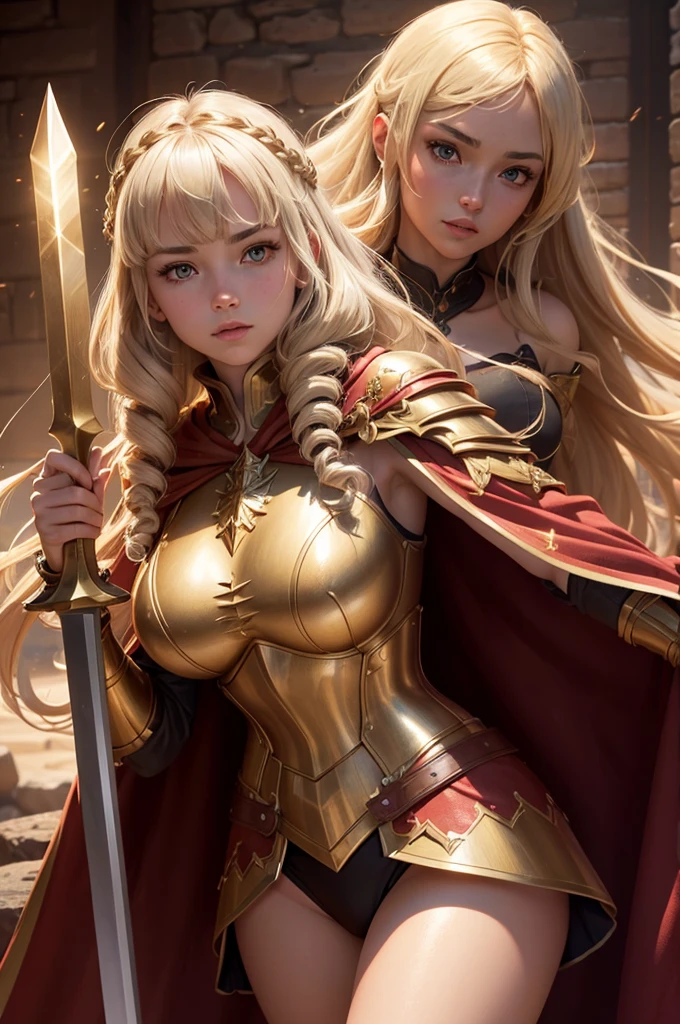 ((masterpiece, best quality, ultra-detailed, high resolution, extremely detailed CG, super detailed, Most beautiful clean lighting)),1girl, pretty face, blunt bangs, Long hair, drill hair, twin drills, blonde hair, shiny hair, glow eyes, jitome, brown eyes, tsurime, white skin, huge breasts, Short body, Western-style fantasy, RPG, Rocky mountains, desert, Red cape, Golden knight, Golden Armor, she is holding a large sword and a large shield.