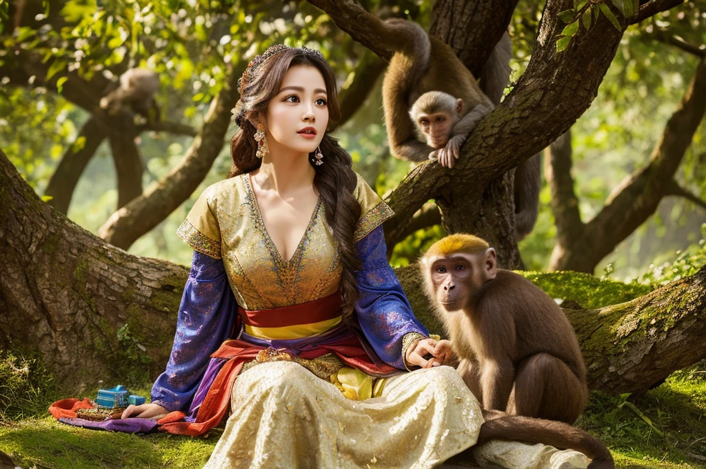 Highest quality masterpiece A very pretty woman is sitting on a tree with a monkey Photo style Fantasy