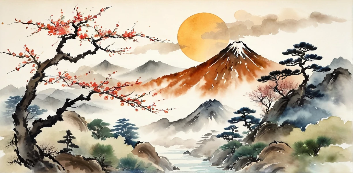 painting of a landscape with a tree and a mountain in the background, japanese watercolor, japanese style painting, traditional chinese watercolor, chinese watercolor style,