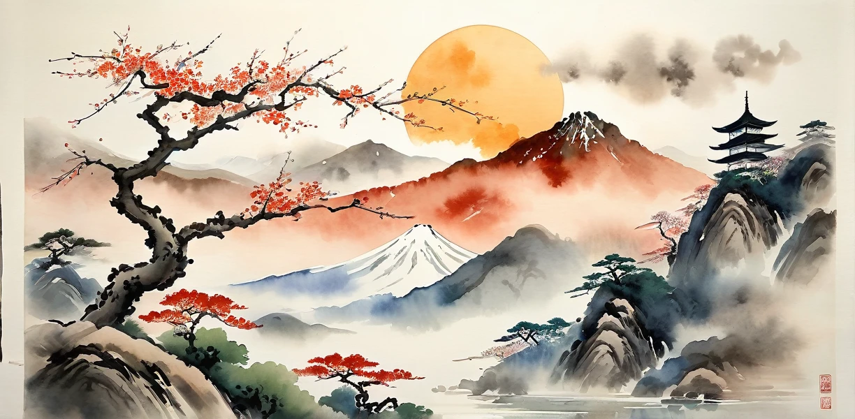painting of a landscape with a tree and a mountain in the background, japanese watercolor, japanese style painting, traditional chinese watercolor, chinese watercolor style,