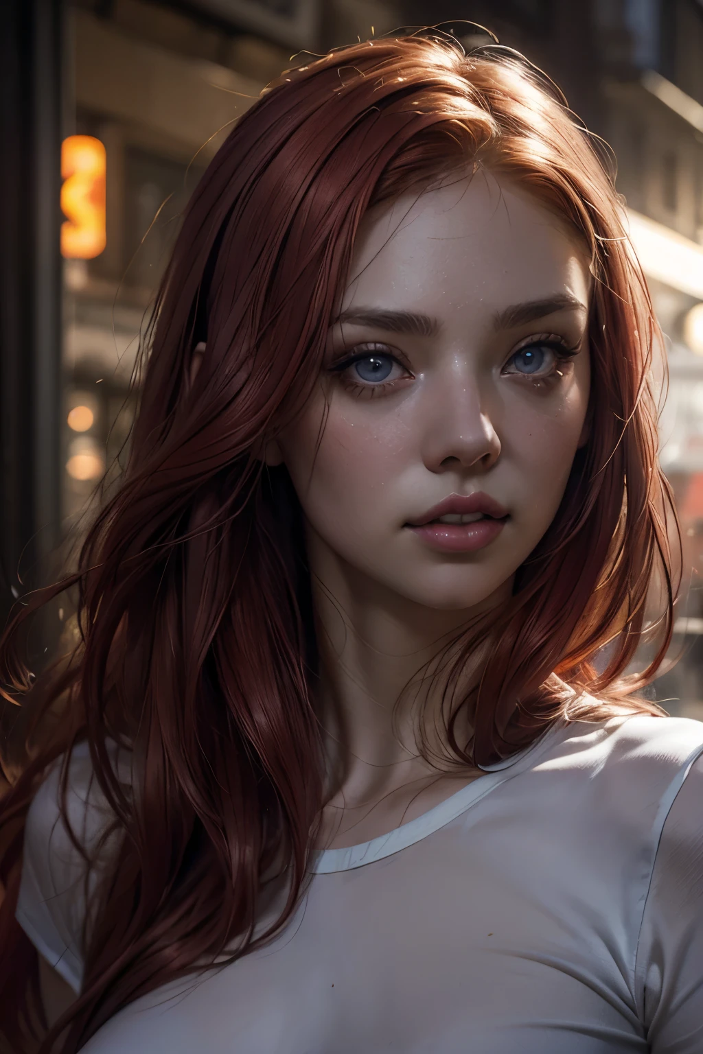 light red hair, vibrant blue eyes, pale white skin, portrait, rock clothing, band clothing, fine nose, thin chin, dark night scene, RAW color art with high detail., (detailed skin, skin texture), (muscle), intricate details, fine details, hyperdetailed, ray tracing, subsurface dispersion, soft and diffuse lighting, red and blue spotlight, por Jeremy Mann, Greg Manchess, Antonio Moro, trend in artstation, trend on CGSociety, Intricate, High detail, sharp focus, Dramatic, photorealistic Midjourney painting, background bokeh, pub, Best Quality, masterpiece, only 1 girl, fullbody portrait, dark atmosphere at night, look at the viewer, White T-shirt, blue jeans, night bar, country scene, thin girl