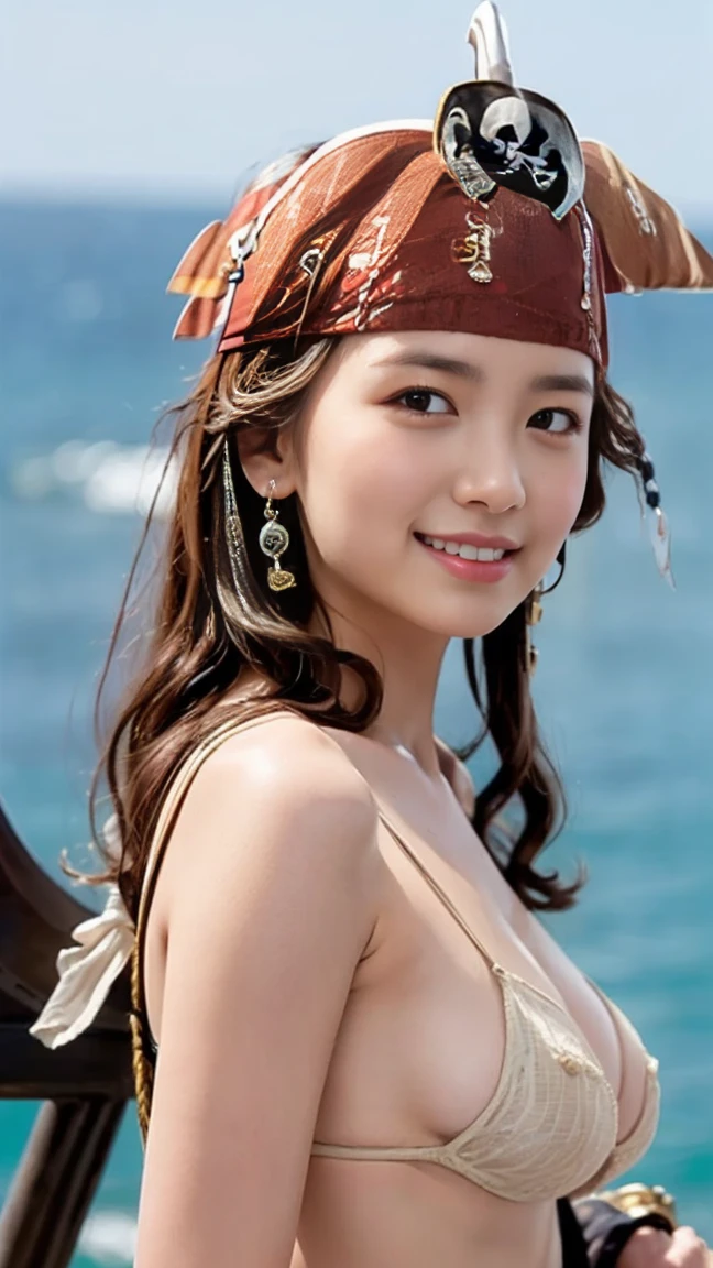 Pirates of the Caribbean:1.6)}, Sexy female pirate, The big fuss, Impressionist painting,((Standing on a hill overlooking the sea)),（masterpiece）、(Highest quality:1.5)、(Photorealistic:1.2)、(Surreal), (High resolution), (Realistic), (Post-processing),(Sharp focus), Sharp focus:1.2,Backlight, (Improvement of quality:1.4), (Narrow waist)、((Perfectly detailed five-fingered hands)),（Anatomically correct body）、((1 female:1.4))、Japanese、Realistic Skin、（Small chest：1.4）、Bust size is A cup、A pretty woman with a slender figure:1.4,(from the front:1.5), (Enhances the beauty of skin texture:1.1),No makeup、美しいBlack Hair、smile、Natural color lip、(Small Mouth:1.4)、The mouth is not open、Thick lips、(Oval Face)、Even bangs、Hide eyebrows with bangs、((33-year-old woman))、Bob Hair、Hair blowing in the wind, (Black Hair, Iris, Watery eyes, Shining Eyes, Bob cut hair,), Hair behind the ear、No makeup、(Drooping eyes)、(((One lovely woman)),((優しい大きなsmile)),(( Small breasts,Small breastsの谷間)),((((Plump Cheeks)))),very cute,(Baby Face),Raccoon face,erotic、(((whole body：1.5))), Put your face close to LoRA, Pirates of the Caribbean:1.6)}, Sexy female pirate,  The big fuss,  Impressionist painting, 