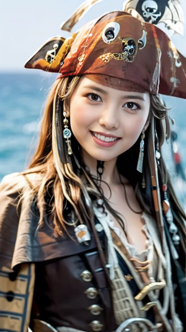 Pirates of the Caribbean:1.6)}, Sexy female pirate, The big fuss, Impressionist painting,((Standing on a hill overlooking the sea)),（masterpiece）、(Highest quality:1.5)、(Photorealistic:1.2)、(Surreal), (High resolution), (Realistic), (Post-processing),(Sharp focus), Sharp focus:1.2,Backlight, (Improvement of quality:1.4), (Narrow waist)、((Perfectly detailed five-fingered hands)),（Anatomically correct body）、((1 female:1.4))、Japanese、Realistic Skin、（Small chest：1.4）、Bust size is A cup、A pretty woman with a slender figure:1.4,(from the front:1.5), (Enhances the beauty of skin texture:1.1),No makeup、美しいBlack Hair、smile、Natural color lip、(Small Mouth:1.4)、The mouth is not open、Thick lips、(Oval Face)、Even bangs、Hide eyebrows with bangs、((33-year-old woman))、Bob Hair、Hair blowing in the wind, (Black Hair, Iris, Watery eyes, Shining Eyes, Bob cut hair,), Hair behind the ear、No makeup、(Drooping eyes)、(((One lovely woman)),((優しい大きなsmile)),(( Small breasts,Small breastsの谷間)),((((Plump Cheeks)))),very cute,(Baby Face),Raccoon face,erotic、(((whole body：1.5))), Put your face close to LoRA, Pirates of the Caribbean:1.6)}, Sexy female pirate,  The big fuss,  Impressionist painting, 