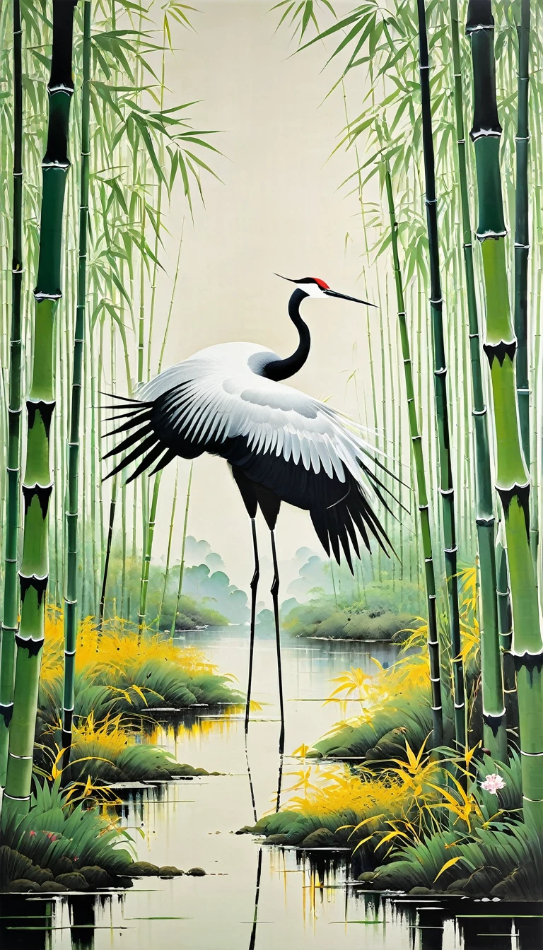 Wu Guanzhong painting, This painting depicts a crane dancing in a bamboo forest, Completely in line with Wu Guanzhong's style, Combining traditional Chinese ink painting techniques with Western concepts, Use color and line to create unique visual effects.