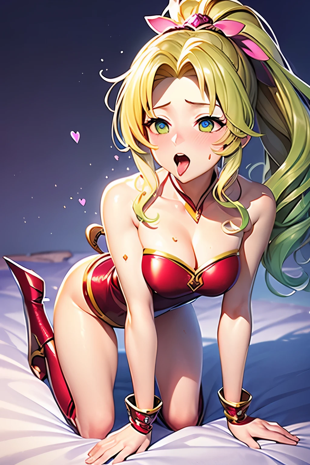 （（（ＳＦＷ、sound、Highest quality、first-class、masterpiece、Normal body、8k、Detailed face、Ultra-precision、Normal hand、Normal finger、５Finger、Highest）））、Tina Branford、ＦＦⅥ、Final Fantasy 6、Green blonde、Beautiful breasts、ponytail、Red leotard、Shoulder Off、No sleeve、Pareo、Knee-high boots、Mage Warrior、blush、Feeling embarrassed、On all fours、Control Collar、Manipulated、Manipulated and forced into lust、Infatuated、Face、Ahegao、Heart Eyes、Open your mouth and stick out your tongue、Blowjob、Cum in mouth、White mucus around the mouth、White mucus on the tongue