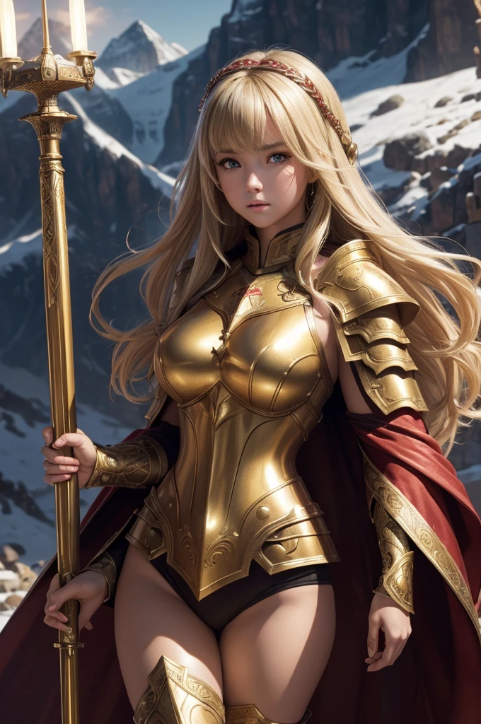 ((masterpiece, best quality, ultra-detailed, high resolution, extremely detailed CG, super detailed, Most beautiful clean lighting)),1girl, pretty face, blunt bangs, Long hair, drill hair, twin drills, blonde hair, shiny hair, glow eyes, jitome, brown eyes, tsurime, white skin, huge breasts, Short body, Western-style fantasy, RPG, Rocky mountains, desert, Red cape, Golden knight, Golden Armor, she is holding a large sword and a large shield.