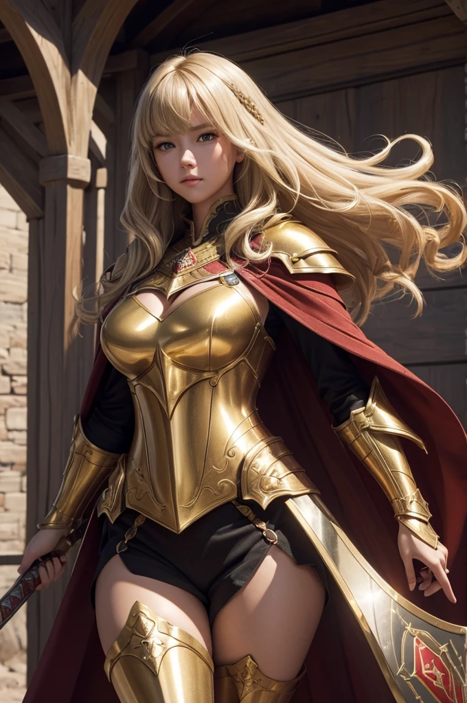 ((masterpiece, best quality, ultra-detailed, high resolution, extremely detailed CG, super detailed, Most beautiful clean lighting)),1girl, pretty face, blunt bangs, Long hair, drill hair, twin drills, blonde hair, shiny hair, glow eyes, jitome, brown eyes, tsurime, white skin, huge breasts, Short body, Western-style fantasy, RPG, Rocky mountains, desert, Red cape, Golden knight, Golden Armor, she is holding a large sword and a large shield.