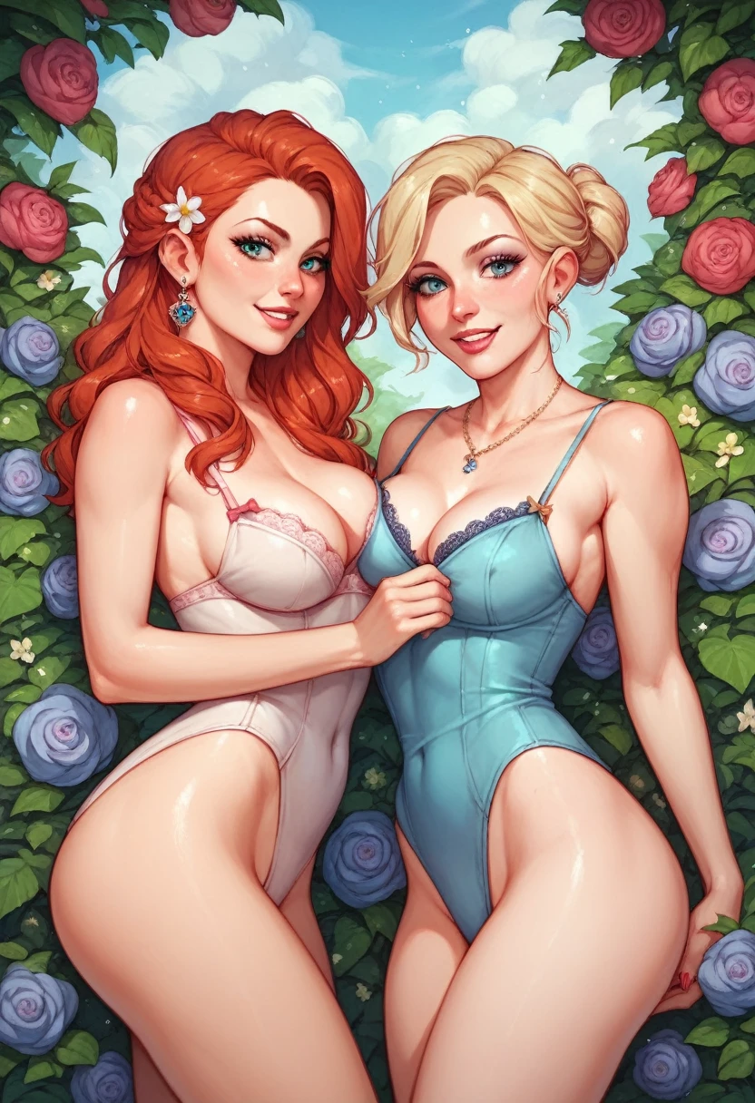 Two adult women fun garden flowers lingere flirty private propetery winter