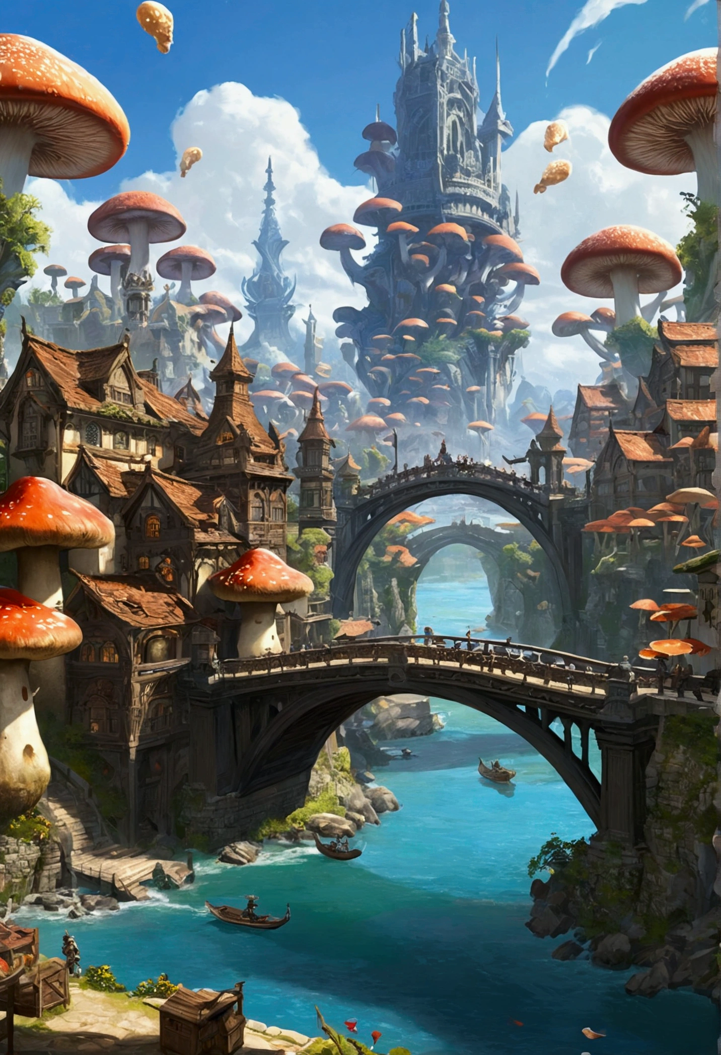 (masterpiece:1.2), extremely intricate details, ff14style, dynamic painting, depicting a bustling city with a majestic bridge spanning wide rivers, surrounded by towering giant mushrooms. The vast landscape bursts with vivid colors 