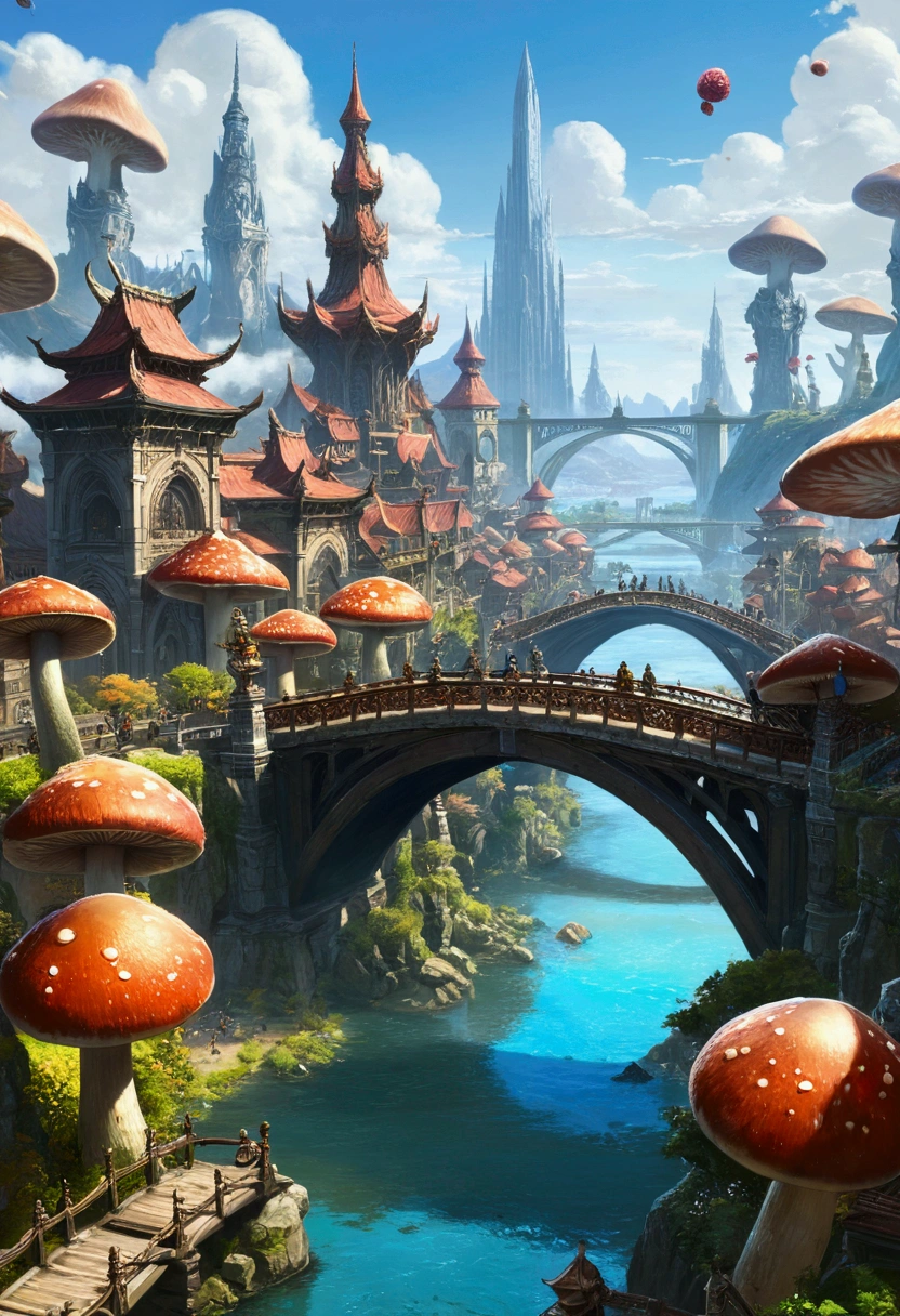 (masterpiece:1.2), extremely intricate details, ff14style, dynamic painting, depicting a bustling city with a majestic bridge spanning wide rivers, surrounded by towering giant mushrooms. The vast landscape bursts with vivid colors 