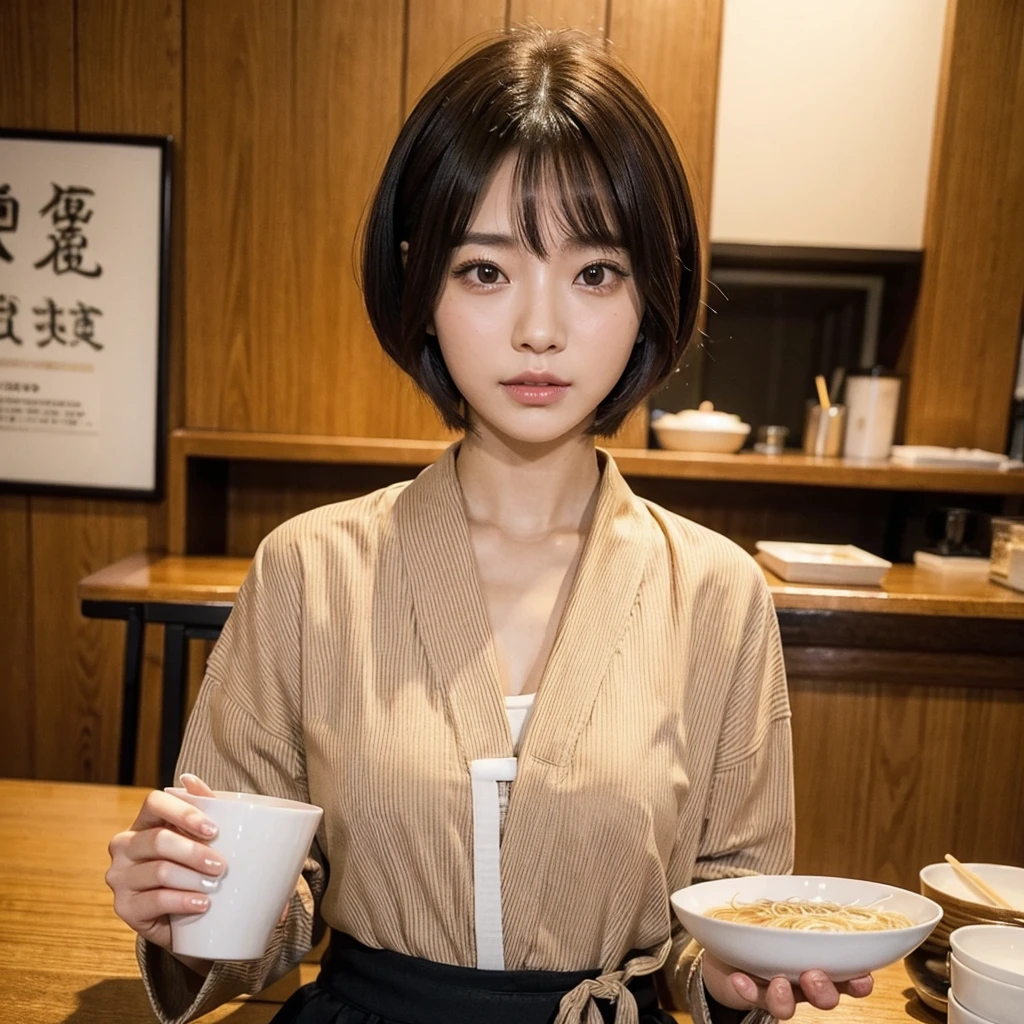 Model actress、Japanese women、One Woman、Influencer、A cup of ramen noodles、Holding chopsticks、Flashy hair color、short hair