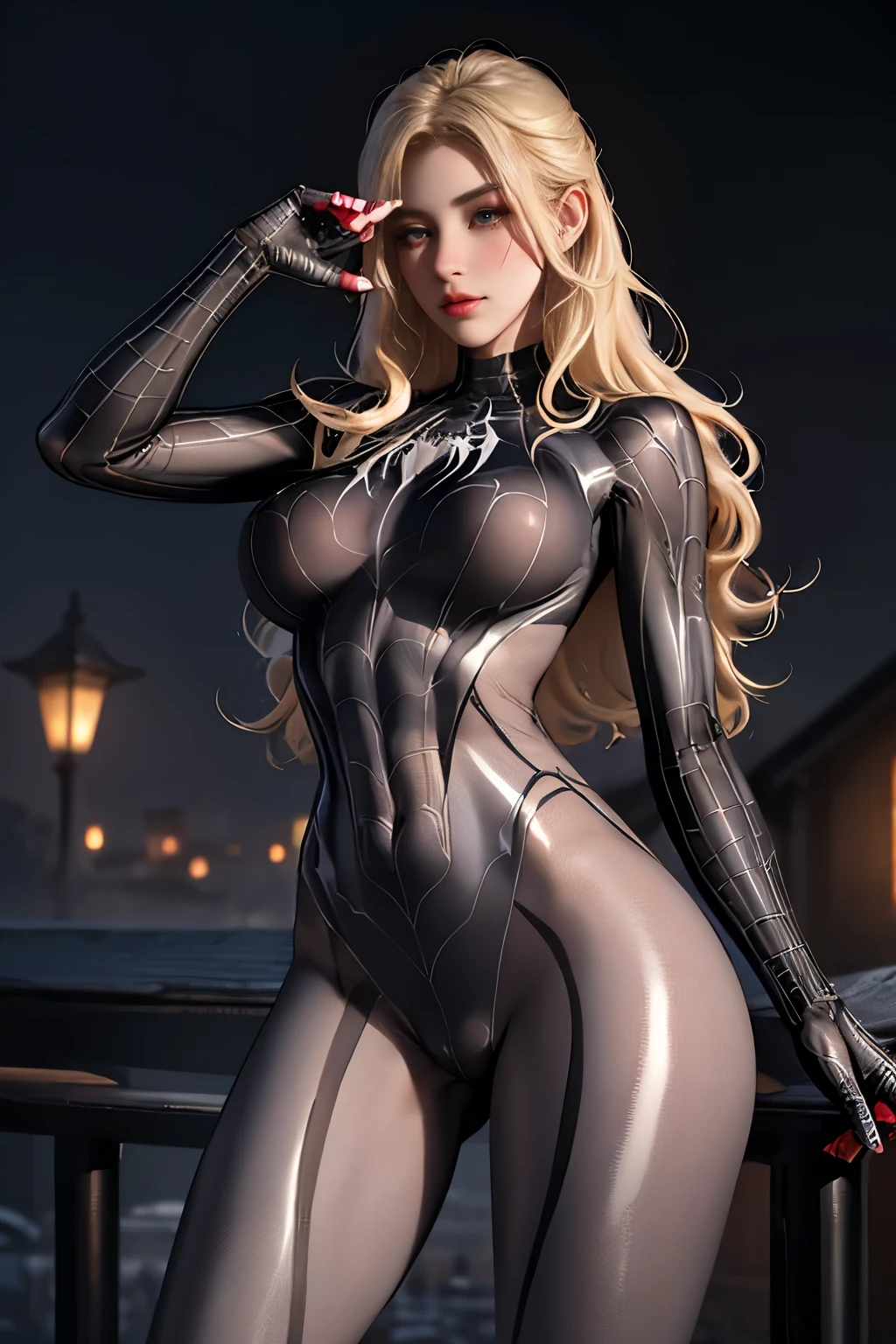 a 21 year old girl with blonde hair, wearing a black spiderman venom suit with a white chest piece, standing in the rain under a roof, hyperrealistic, 8k, masterpiece, intricate details, perfect anatomy, swinging on a wire, legs spread open, camel toe, hyper detailed camel toe:1.3, GGcamel toe:1.3, beautiful detailed eyes, beautiful detailed lips, extremely detailed eyes and face, long eyelashes, photorealistic, high quality lighting, dark and moody color paletten, (pureerosface_v1:0.3),