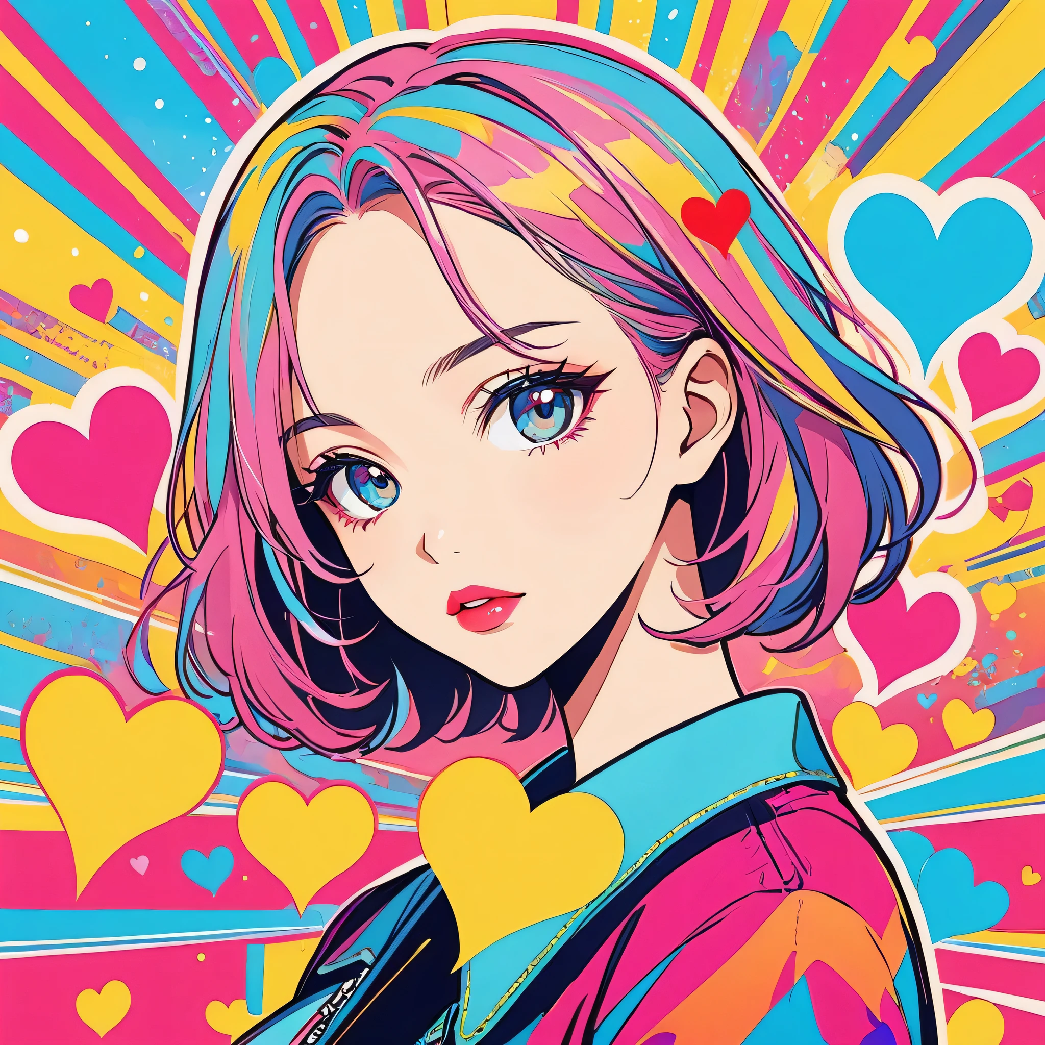 Keith Haring colorful style, Simple Line Initialism,Abstract art,Urban Background, (((The most beautiful girl of all time))), Sweet face. Lips in love, colorful hearts, stylish design