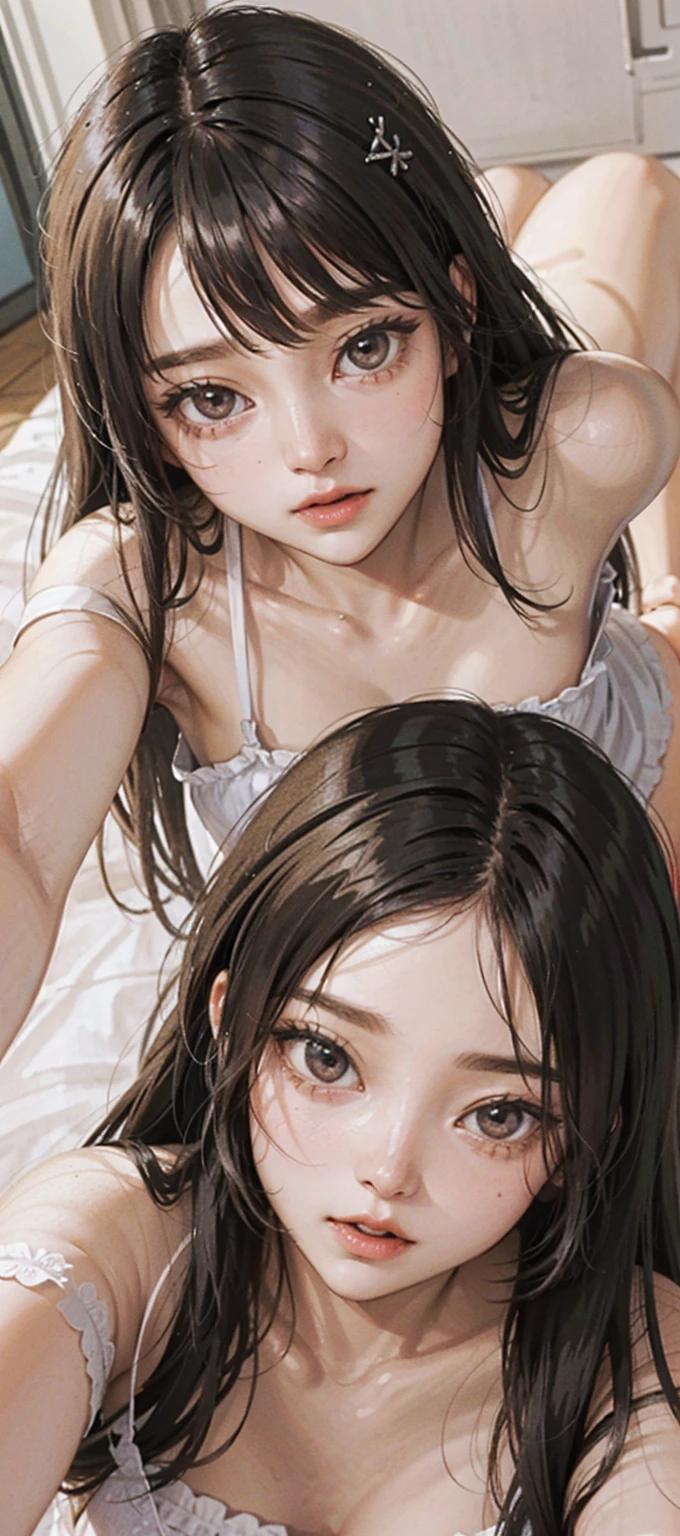 Two Girls. Selfie pose. Looking at the camera. Different faces, different styles.