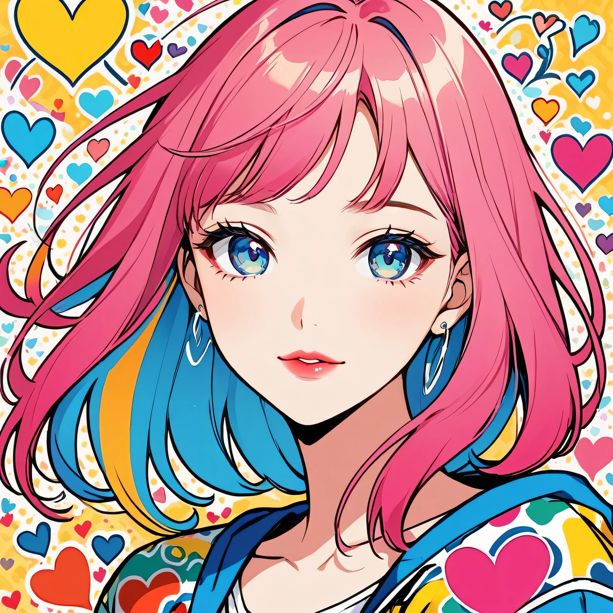 Keith Haring colorful style, Simple Line Initialism，Abstract art，Urban Background, (((The most beautiful girl of all time))), Sweet face. Lips in love, colorful hearts, stylish design