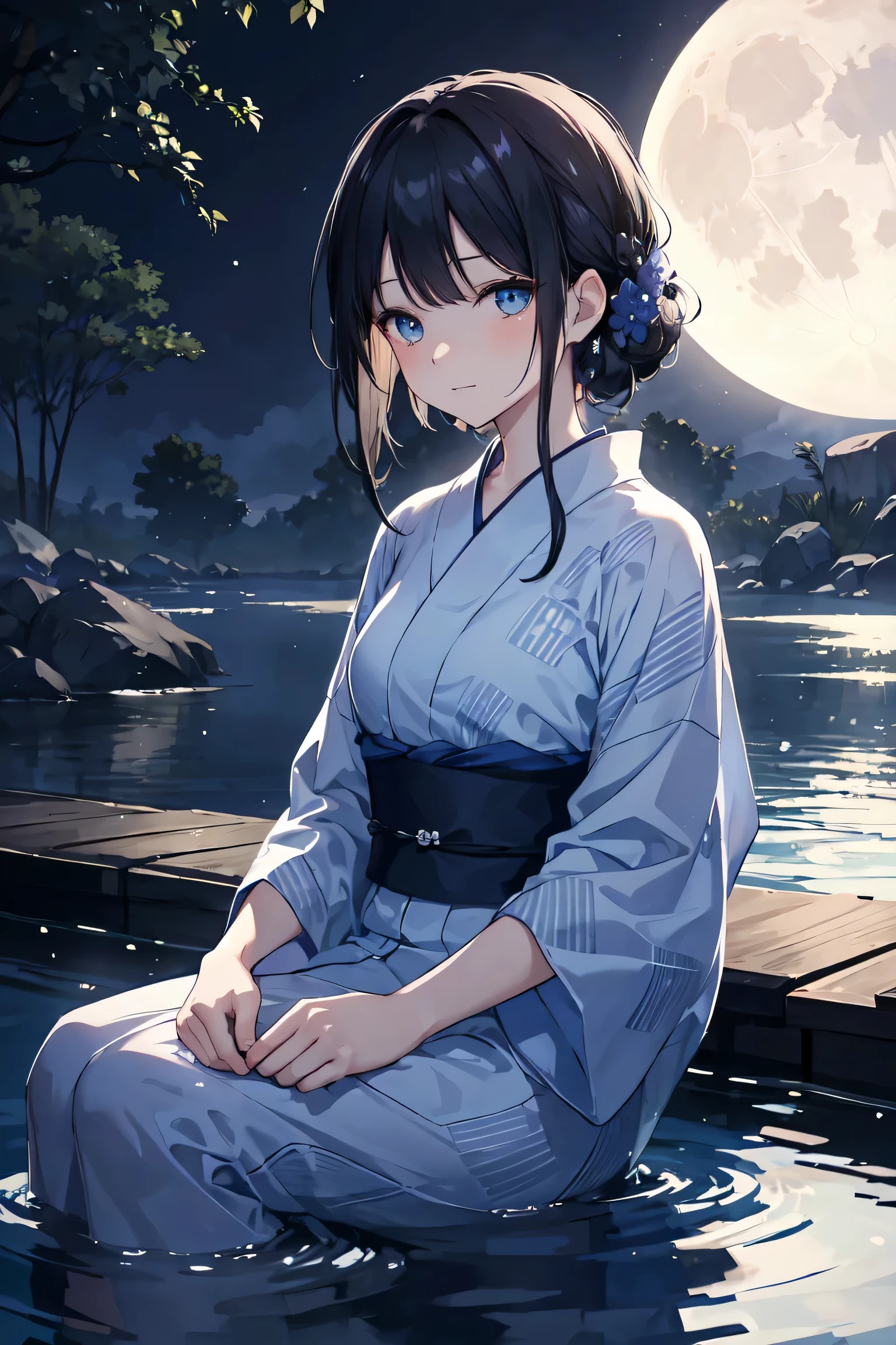 Relaxing Woman,Black Hair、blue eyes、20generation,Looking up at the moon、yukata、Satisfied face,Beautiful light of inspiration,Elegant water flow,Calm atmosphere,Quiet and calm background