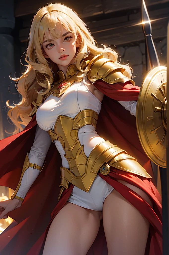 ((masterpiece, best quality, ultra-detailed, high resolution, extremely detailed CG, super detailed, Most beautiful clean lighting)),1girl, pretty face, blunt bangs, Long hair, drill hair, twin drills, blonde hair, shiny hair, glow eyes, jitome, brown eyes, tsurime, white skin, huge breasts, Short body, Western-style fantasy, RPG, Rocky mountains, desert, Red cape, Golden knight, Golden Armor, she is holding a large sword and a large shield.