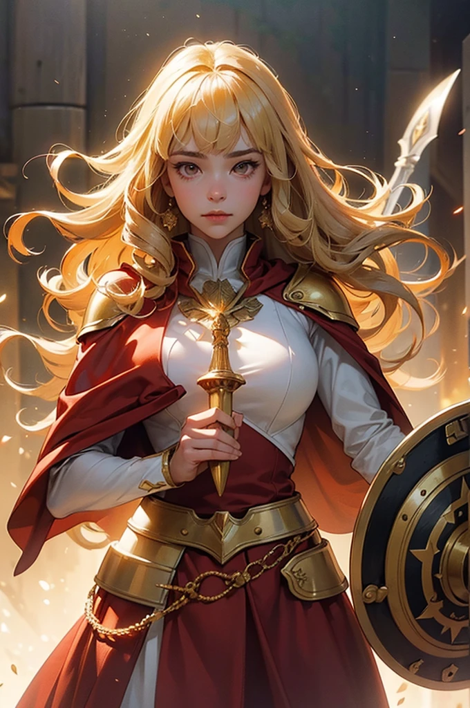((masterpiece, best quality, ultra-detailed, high resolution, extremely detailed CG, super detailed, Most beautiful clean lighting)),1girl, pretty face, blunt bangs, Long hair, drill hair, twin drills, blonde hair, shiny hair, glow eyes, jitome, brown eyes, tsurime, white skin, huge breasts, Short body, Western-style fantasy, RPG, Rocky mountains, desert, Red cape, Golden knight, Golden Armor, she is holding a large sword and a large shield.