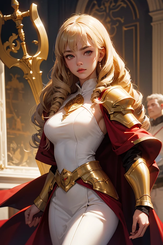 ((masterpiece, best quality, ultra-detailed, high resolution, extremely detailed CG, super detailed, Most beautiful clean lighting)),1girl, pretty face, blunt bangs, Long hair, drill hair, twin drills, blonde hair, shiny hair, glow eyes, jitome, brown eyes, tsurime, white skin, huge breasts, Short body, Western-style fantasy, RPG, Rocky mountains, desert, Red cape, Golden knight, Golden Armor, she is holding a large sword and a large shield.