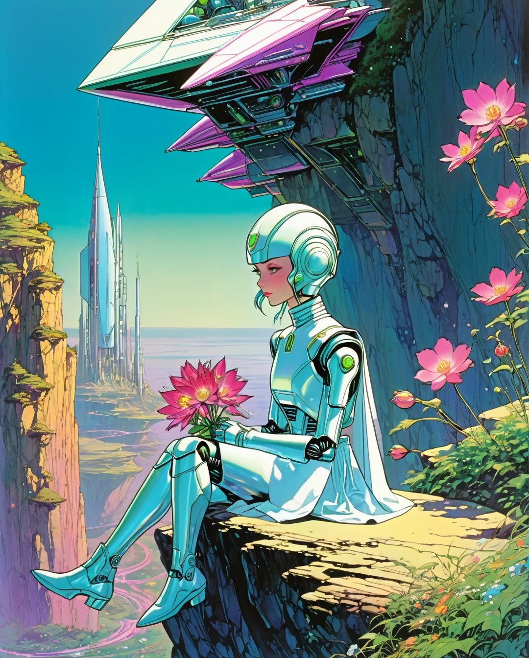 Art style by Noriyoshi Ohrai, A painting of an android elven being, roboT, pointy ears, holding a beautiful flower, sitting on a cliff with a spaceship in the background by Moebius Jean Giraud