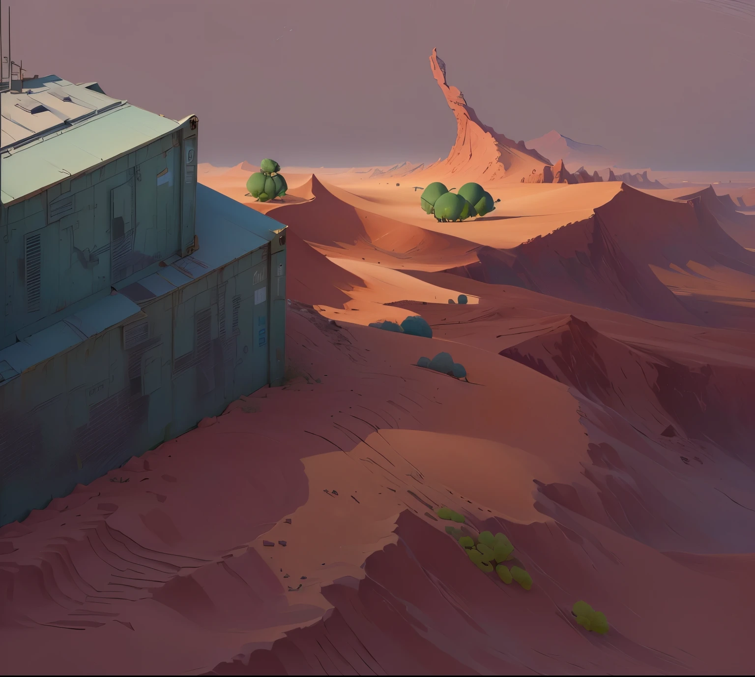 ground，container，desert，Grass, Low Detail. Digital Painting, environment, Artie Guerin 8K, Inspired by Goro Fujita, environment设计插图, 电子游戏的Concept Art, Flat desert, 风格化的Concept Art, Concept Art, 沙漠environment, 风景游戏Concept Art, 以游戏Concept Art形式进行绘制