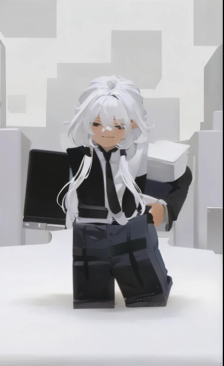 White long hair , white shirt with tie , black sweater, jean ,
