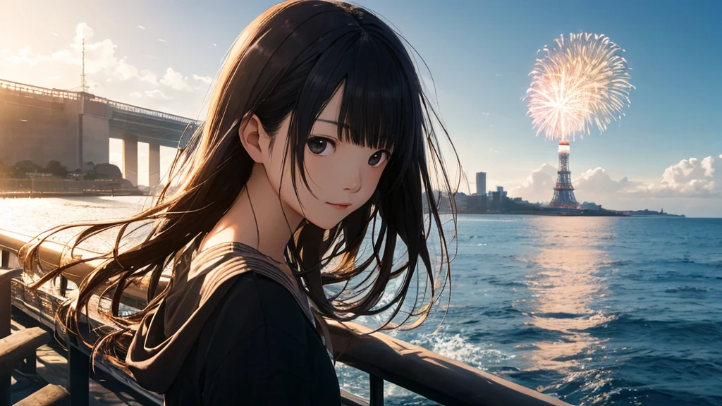 Shiraishi Mei, Looks exactly like Shiraishi Mei、Time is night、Tokyo Tower in the background、Big fireworks、Oceanの方を向いている後ろ姿、Woman looking up at the sky ,Long Hair,  Black Hair,, Photo from the side, Realistic, Highest quality, Detailed face, Strong sunlight, Ocean, Embankment, Detailed Background, Diffused sunlight, Written boundary depth, Bokeh (Highest quality: 1.2), (masterpiece: 1.2), Watch Viewer, one piece, White Theme, ,Vision、(((Panorama:1.2)))