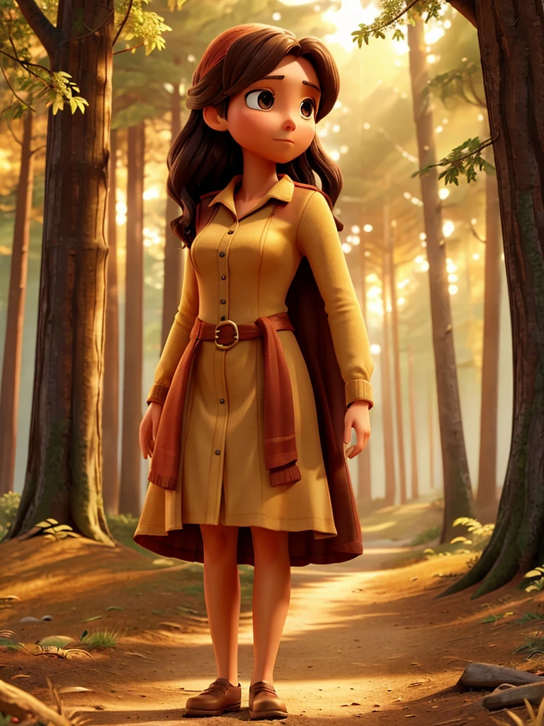 The woman stands at the forest entrance, bathed in the golden light of the setting sun, looking ahead with wonder.