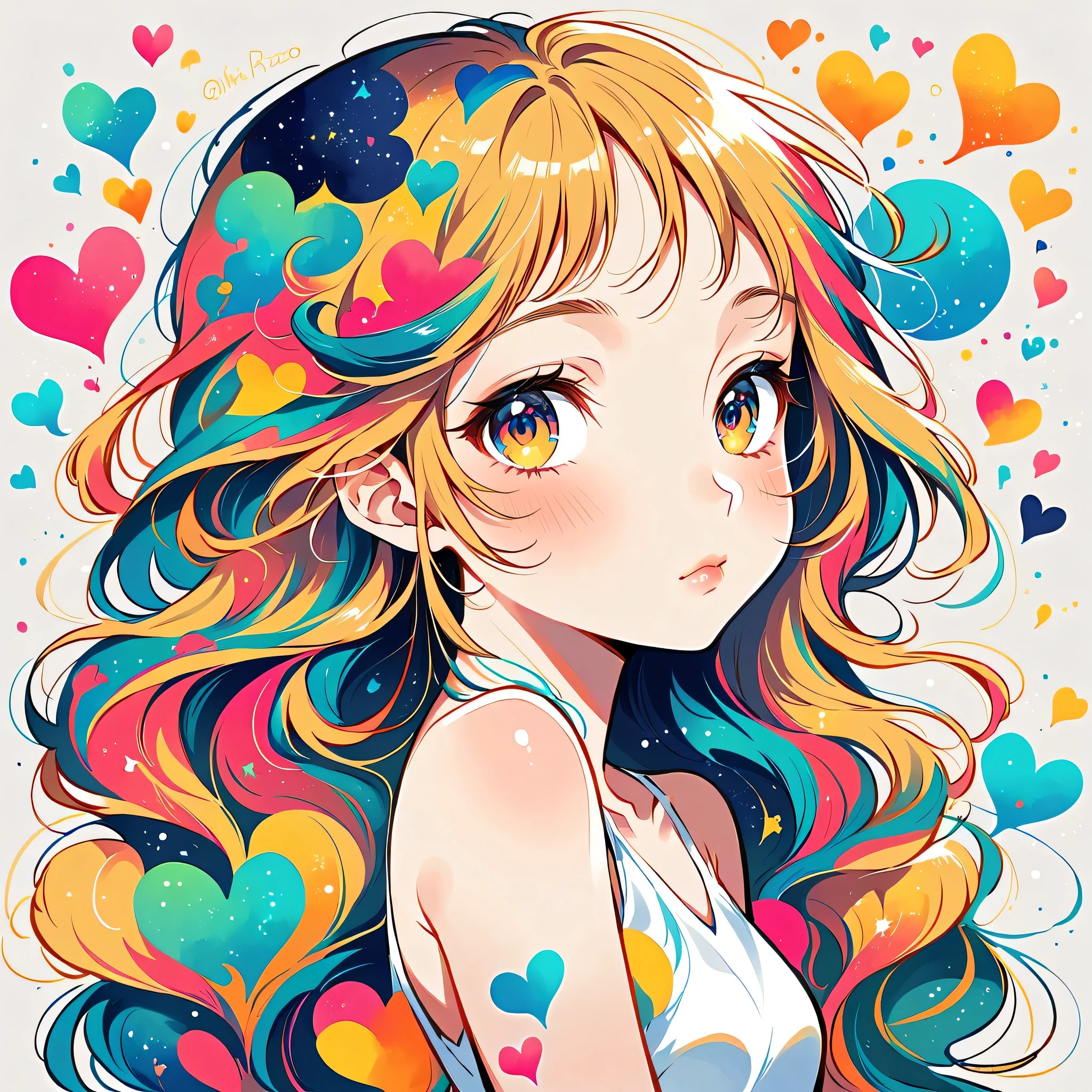 Mika Pikazo style, Simple Line Initialism,Abstract art, colorful hearts ,colorful hearts, (((The most beautiful girl of all time))), Space Travel, Cute and colorful amoeba, Lips in love