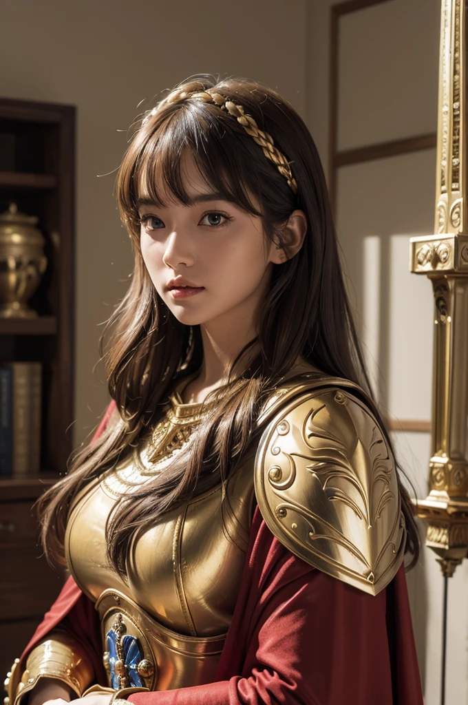 ((masterpiece, best quality, ultra-detailed, high resolution, extremely detailed CG, super detailed, Most beautiful clean lighting)),1girl, pretty face, blunt bangs, Long hair, drill hair, twin drills, blonde hair, shiny hair, glow eyes, jitome, brown eyes, tsurime, white skin, huge breasts, Short body, Western-style fantasy, RPG, Rocky mountains, desert, Red cape, Golden knight, Golden Armor, she is holding a large sword and a large shield.