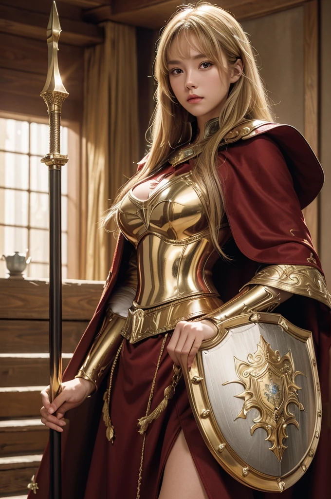 8K,Blonde princess in gorgeous red, white, Black and blue breastplate, Super Beauty(Like the real thing)Realistic Skin,美しいPrincess Night,blue eyes, Princess Night, ((美しい幻想的なPrincess Night)), Elegant , gorgeous princess paladin, 美しいPrincess Night,Ultra-high resolution,masterpiece,Surreal,Fantasy art,curator art,Cinestill 800,Captivating Gaze,Sexy,Close-up,Sexyな胸鎧,細くMuscularな身体,Battle Scenes,Action Scenes,Action pose,Equipped with a rapier on the waist,Royal coat of arms engraved on the breastplate,red and white luxurious cloak,Fight the enemy,Slender body,Muscular,gorgeous red and black pants(Gold embroidery),Small breasts,Childish appearance,Rugged appearance,身長が低いPrincess Night,Makeup,Big smile,