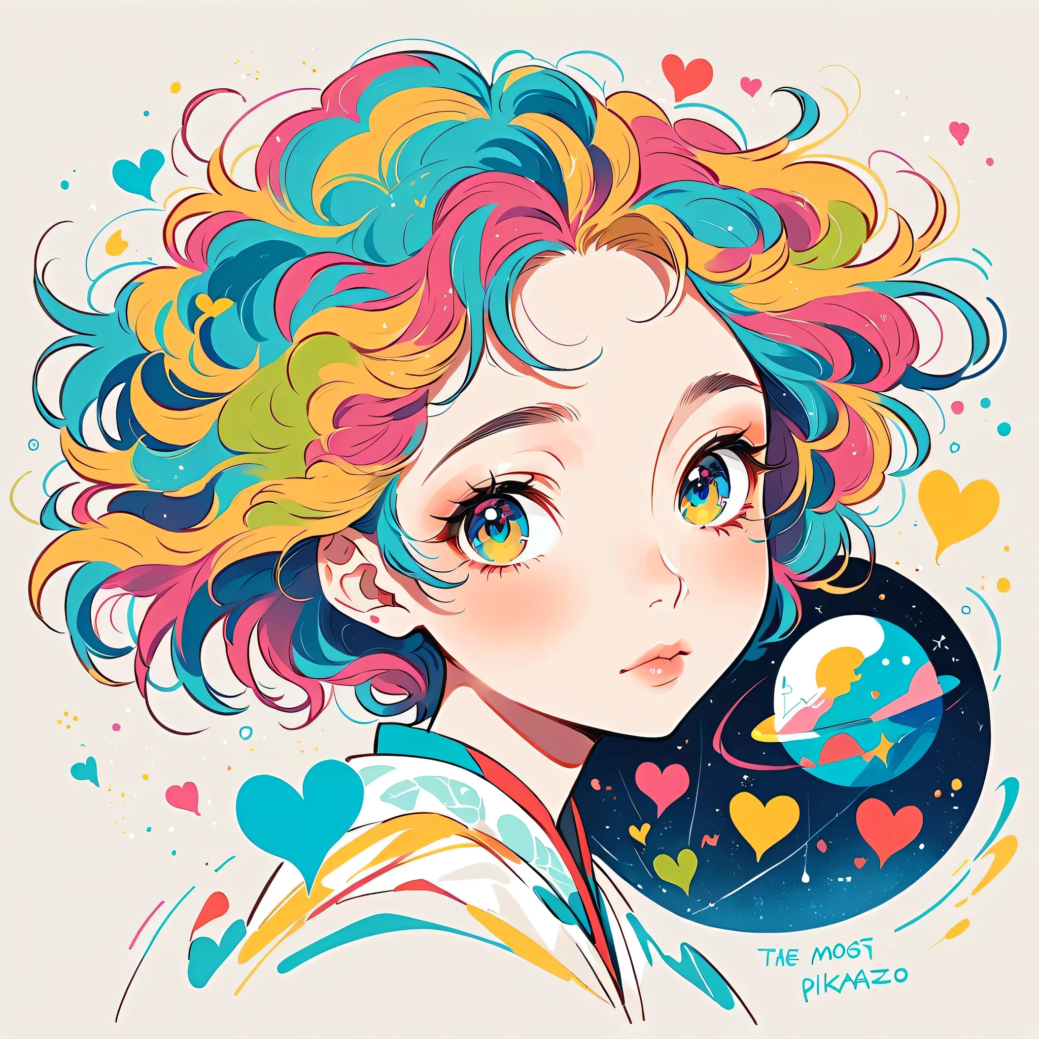 Mika Pikazo style, Simple Line Initialism,Abstract art, colorful hearts ,colorful hearts, (((The most beautiful girl of all time))), Space Travel, Cute and colorful amoeba, Lips in love