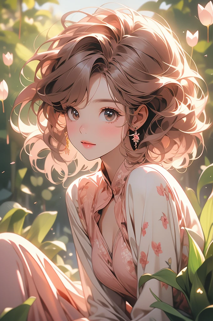 sitting, wariza, from above, spring clothes, light green floral print dress, pumps, Lots of colorful tulips, flower fields, warm atmosphere, rays of light from trees, backlit, profile
upper body, twinkle smile, 1girl, solo, 16years old, detailed beautiful face and eyes, brown eyes, (flat breasts:1.3), (very short hair:1.2), (bangs:1.2), (brown pink hair:1.2), hair fluttering, (well-proportioned body:1.2), (dynamic angle:1.3)
(masterpiece:1.2) , (best quality:1.2) , (ultra-detailed:1.2), more prism, vibrant color, ,hair over eyes, hair over one eye