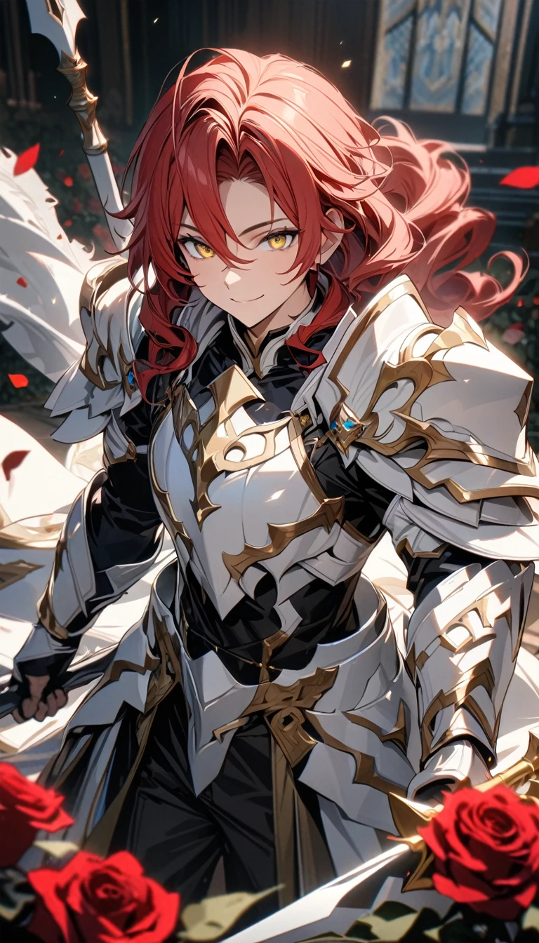 adult man, male, boy, long red hair, curly beautiful hair, yellow eyes, smile, black trousers, white paladin armor, spear, roses, beautiful, Masterpiece, best quality, Full HD, 8k, ultra details, great graphic