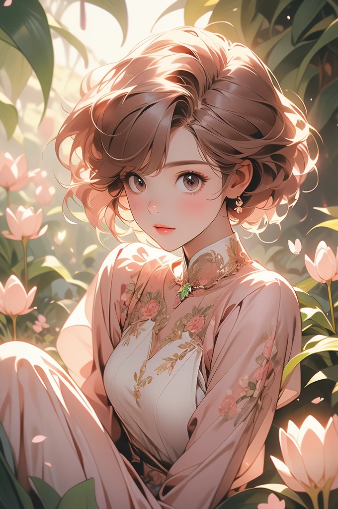 sitting, wariza, from above, spring clothes, light green floral print dress, pumps, Lots of colorful tulips, flower fields, warm atmosphere, rays of light from trees, backlit, profile
upper body, twinkle smile, 1girl, solo, ars old, detailed beautiful face and eyes, brown eyes, (flat breasts:1.3), (very short hair:1.2), (bangs:1.2), (brown pink hair:1.2), hair fluttering, (well-proportioned body:1.2), (dynamic angle:1.3)
(masterpiece:1.2) , (best quality:1.2) , (ultra-detailed:1.2), more prism, vibrant color, ,hair over eyes, hair over one eye