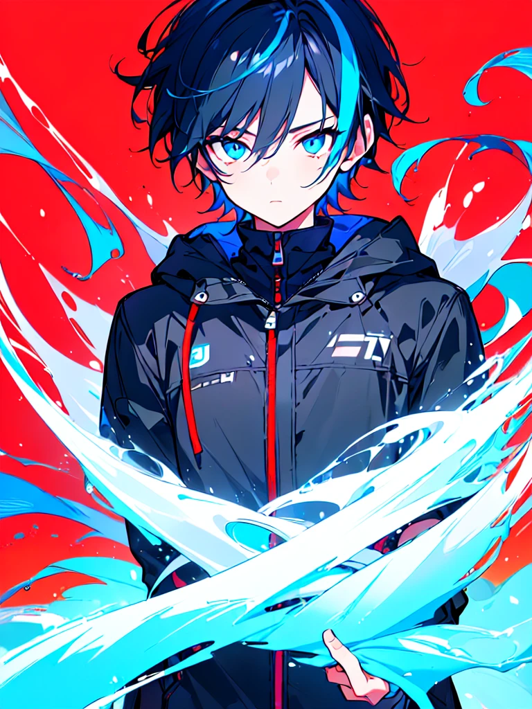 [(RED BACKGROUND:1.5),::5], ((((masterpiece)))), high quality, ultra very high resolution, full color, (((solo))), ((little boy)), BLACK short hair, ((Blue streaked hair)), (oriental deepblue eyes), anime, ((upper body)), Summer clothes, neon light, black parka,