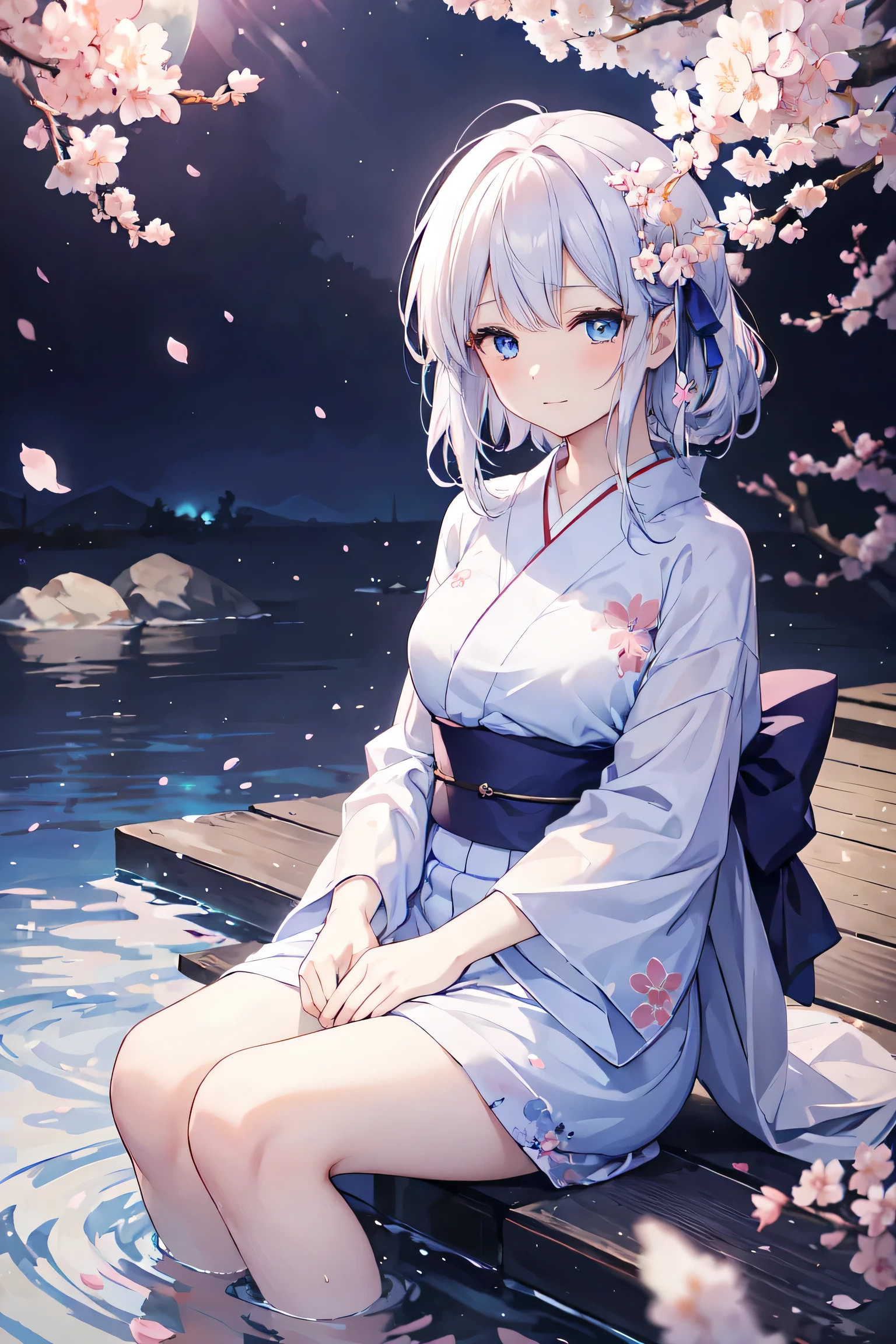 Relaxing Woman,、blue eyes、20generation,Looking up at the moon、cherry blossoms、cherry blossoms blizzard、Satisfied face,yukata,Beautiful light of inspiration,Elegant water flow,Calm atmosphere,Quiet and calm background