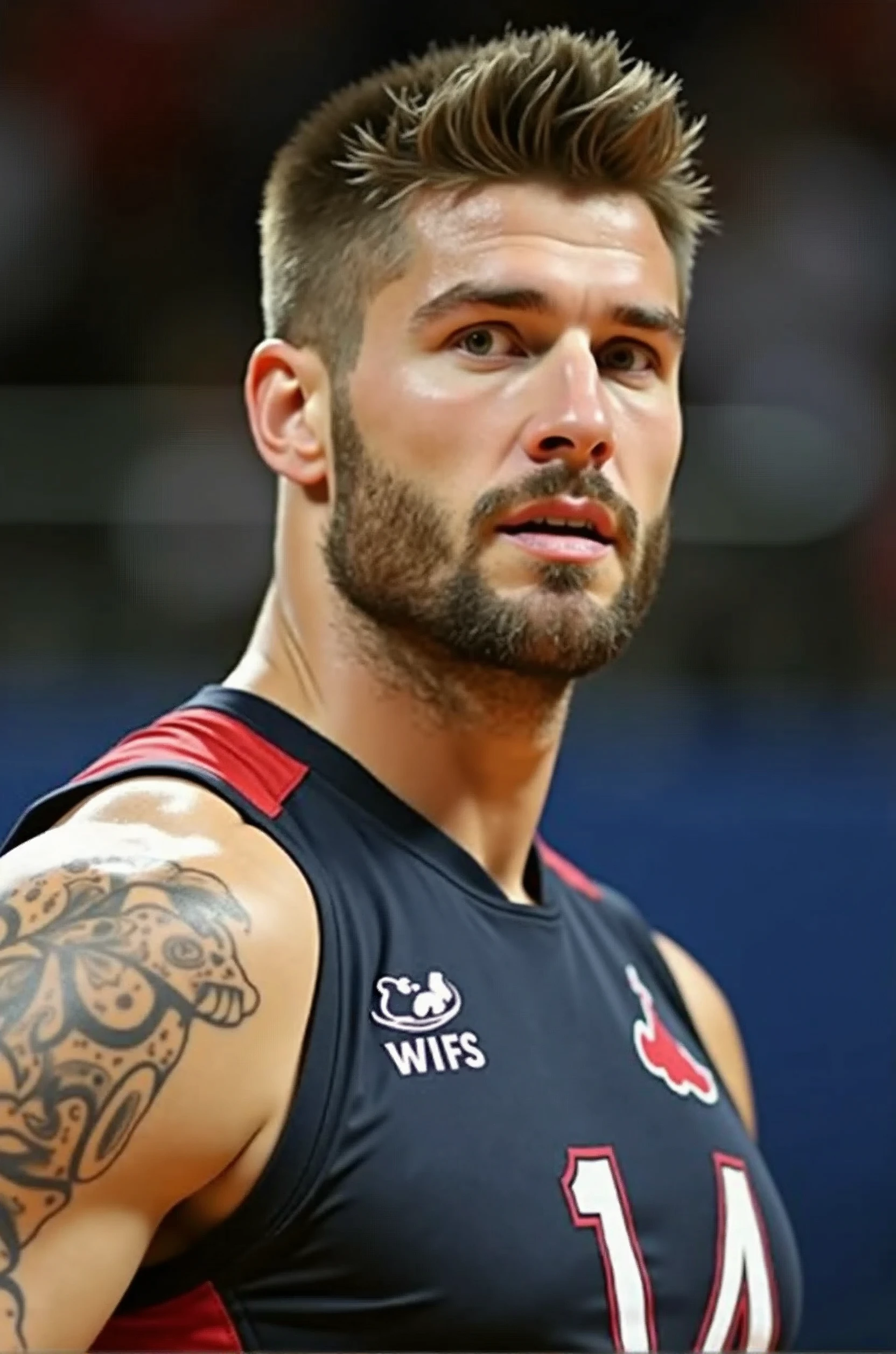 handsome (reference American Volleyball Olympics Player - Matt Anderson), (reference Matt Anderson) (bluck tattoo:1.2), thick beard,