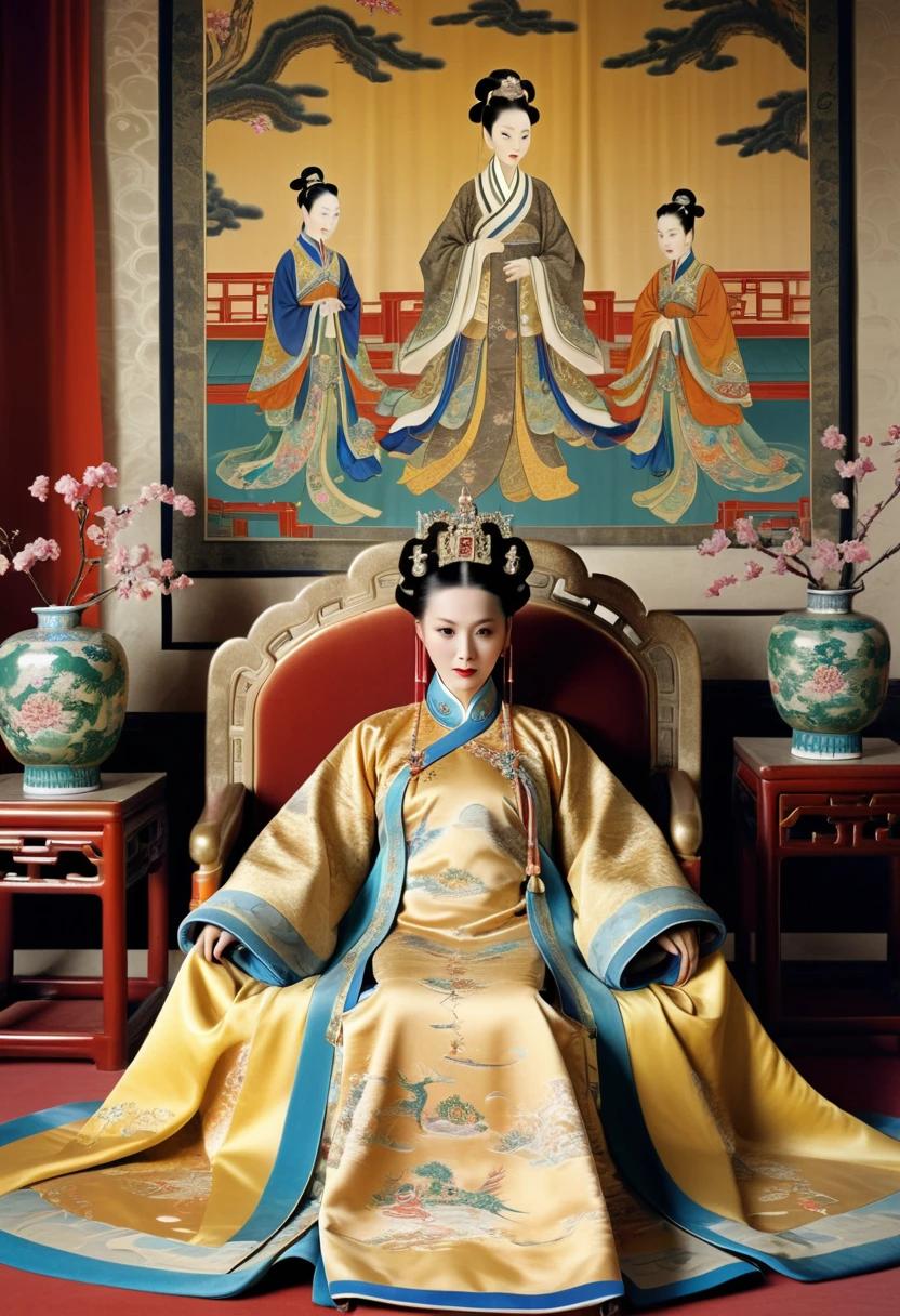 Luxurious empress at the Chinese court during the Qing Dynasty Luxurious empress at the Chinese court wearing a large sofa gold with a naked and crotched figure with her hair tied on both sides Perverted and erotic woman wearing a crown and tying her hair, background is a luxurious room of an empress at the Chinese court during the Qing Dynasty