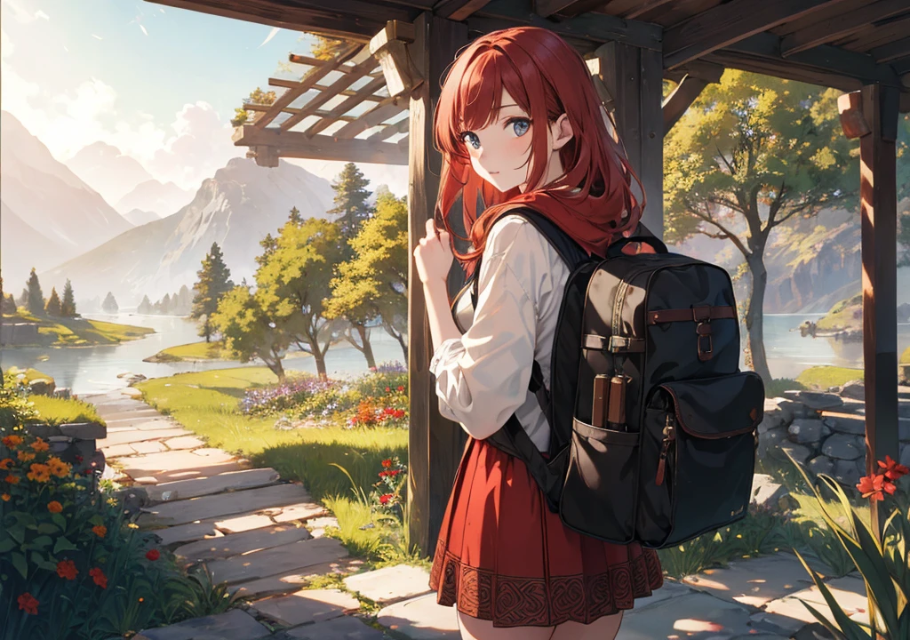 Realistic photos, Focus distance 10mm, Red and white, Beautiful girl, Realistic photos, Shooting at focus distance 10mm, masterpiece, 最high quality, high quality, Very detailed CG 8k wallpaper unit, Award-winning photography, Depth of written boundary, High resolution, bloom, chromatic aberration, Realistic, Very detailed, Art Station Trends, CGsociety Trends, Complex, High detail, dramatic, Art on the go, volumetric lighting, A beautiful girl is traveling with her companions through a Celtic landscape. Her red hair is blowing in the wind, and she is wearing a blue robe embroidered with traditional Celtic patterns. She has a small backpack on her back and an old map in her hands. Her companions are also wearing Celtic clothing, and they are taking strong steps forward in the beautiful natural scenery of mountains and lakes. Ancient ruins and stone monuments are scattered in the background, and the scenery is a perfect backdrop for their adventure