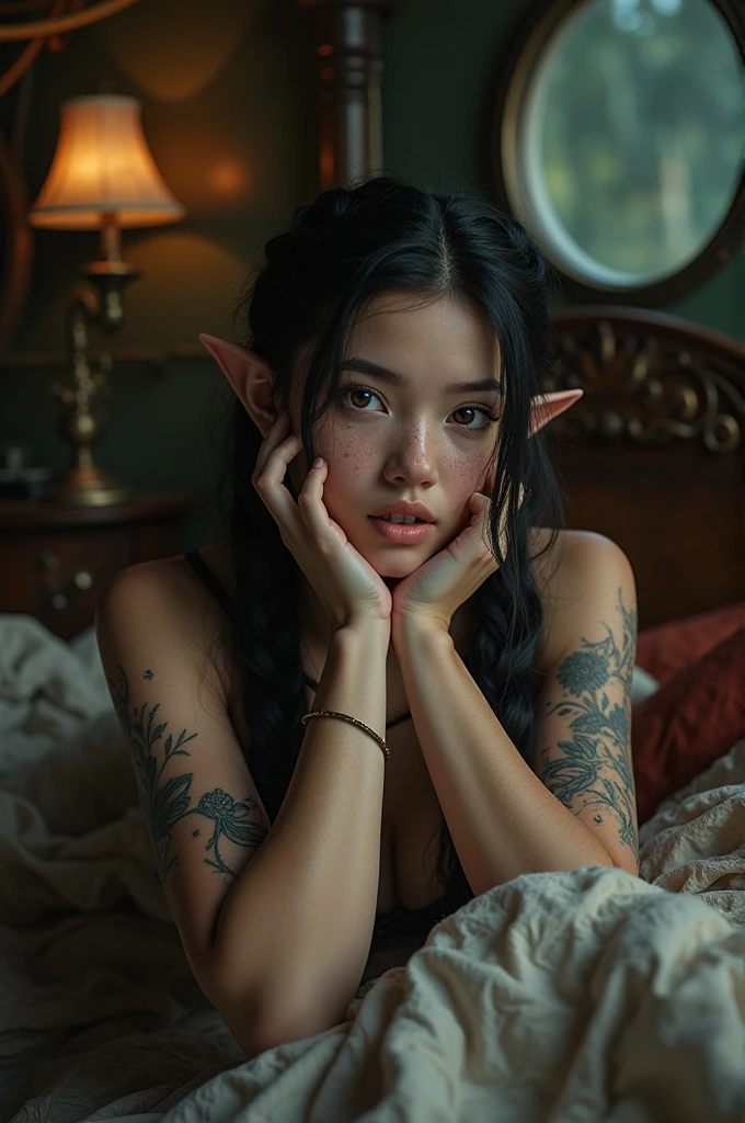 (Realisttic:1.2), analog photo style, Beautiful elf woman, posing, with freckles and long black hair braided, (steampunk dark fantasy atmosphere), soft natural light, cute and sexy, great quality, lying in a steampunk bed and looks at you, steampunkroom, Masterpiece, detailed strange background, better performance, 16k quality, HDR, RAW photo